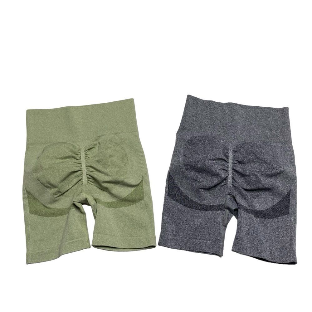 High Waisted Butt Shaping Yoga Shorts Set of Two Gray & Green Sz S